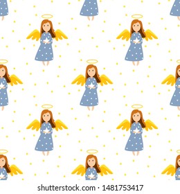 Christmas cute angels seamless pattern. Vector Christmas pattern with angel. Vector design for greeting cards and invitations.