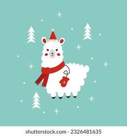 Christmas cute animal. Alpaca in hat. Lama in warm clothes and Santa cap. Winter character vector illustration