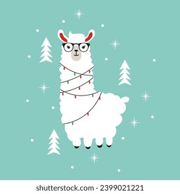 Christmas cute animal. Alpaca wrapped in garlands with glasses. Lama Flat Vector Illustration