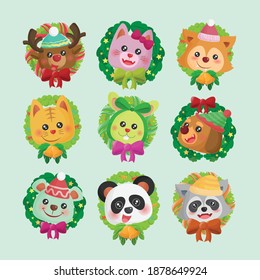 Christmas cute animal face hand drawn flat collection