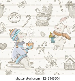 Christmas cute animal seamless pattern. Doodle bear, rabbit. Retro winter drink cup. Hand drawn sketch background. Xmas isolated vector illustration. Wrapping paper, child packaging, kid fabric print 