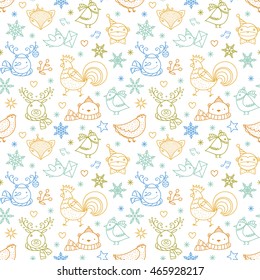 Christmas cute animals, birds, rooster, deer, snowman, snowflakes, stars background. Vector blue linear seamless pattern. Children's wallpapers.