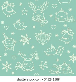 Christmas cute animals, birds, snowman, snowflakes, stars background. Vector green linear seamless pattern.