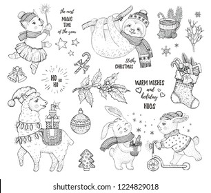 Christmas cute animals: lama sloth rabbit pig. Hand drawn trendy doodle icon set. Merry Xmas & Happy New year retro cartoon sketch. Vector illustration isolatated on white backgraund with text slogan