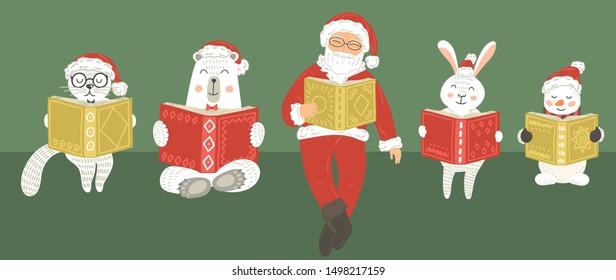 Christmas Cute Animals With Santa Claus Reading Books. Children Christmas Illustration.