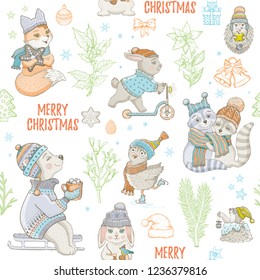 Christmas cute animals seamless pattern. Doodle bear rabbit raccoon owl fox mole. Hand drawn sketch background. Xmas isolated vector illustration. Wrapping paper, child packaging, kid fabric print 