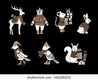 Christmas cute animals set. Deer, bear, mouse, rabbit, bird and squirrel.
Vector illustration.