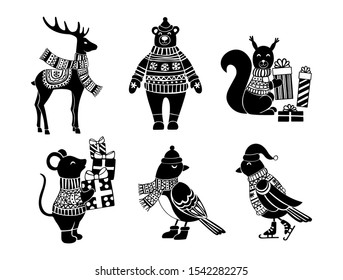 Christmas cute animals silhouettes set. Deer, bear, mouse, bird and squirrel. Vector illustration.