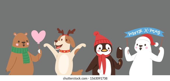 Christmas cute animals vector illustration. Banner with cute winter animals, polar bear with balloon, dog in deer antlers, penguin with ice cream and scarfs. Merry Christmas, xmas and happy new year.