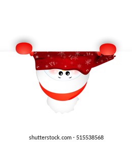 Christmas Cute, baby, funny Snowman with scarf and red santa claus hat  upside down and sign  . vector cartoon illustration.