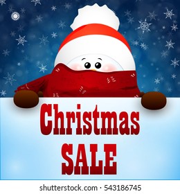 Christmas Cute, baby, funny Snowman with scarf and red santa claus hat with falling snowflakes and sign . Christmas SALE. vector cartoon illustration.