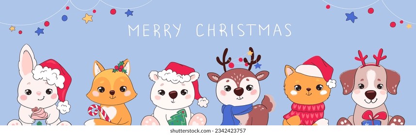 Christmas cute banner with animals. Funny cartoon characters on new year horizontal web banner. Deer, puppy, kitten, fox, hare, bear cub and Christmas decorations. Vector in a flat style on a blue