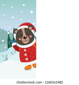 Christmas cute bear is dressed in winter clothes. Vector illustration for your design