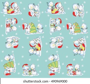 CHRISTMAS WITH CUTE BEAR AND SNOWMAN isolated pattern
