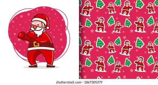 Christmas Cute Boxing Santa Cartoon Pattern With Tree and pink Background For Wrapping Paper Illustration