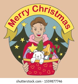 christmas cute boy flat line vector,boy icon and banner christmas