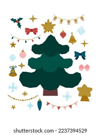 Christmas cute bundle. A fir tree and a set of festive decorations. Winter decor. Vector illustration in a flat style.
