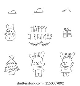 Christmas cute bunny bright hand-drawn snowman.