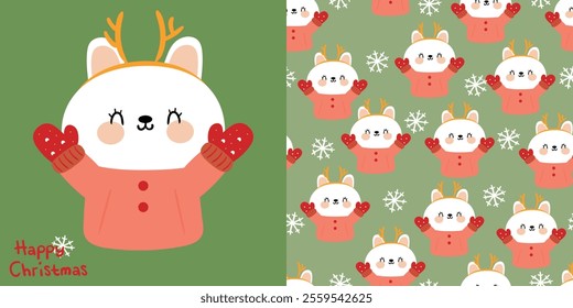 Christmas cute bunny card and cute bunny cartoon pattern, cute christmas and winter wallpaper for fabric prints, gift wrapping paper