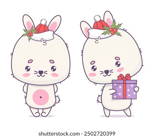 Christmas cute bunny in Santa hat with gift box. Isolated funny cartoon kawaii animal character. Vector illustration. Festive Kids collection