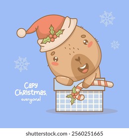 Christmas cute capybara in Santa hat in New Year gift box with striped candy cane. Funny winter cartoon kawaii character. Kids collection. Vector illustration. Holiday card with cool phrase