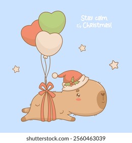 Christmas cute capybara in Santa hat flies with balloons. Funny New Year winter cartoon kawaii character animal. Kids collection. Vector illustration. Holiday card with cool phrase