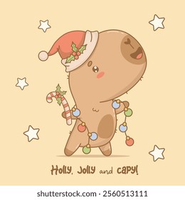 Christmas cute capybara in Santa hat with New Years garland.  Funny winter festive cartoon kawaii character animal. Kids collection. Vector illustration. Holiday card with cool phrase