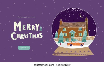 christmas, cute card for congratulations happy new year, christmas glass ball with snow, city, street, house, fur-trees, car