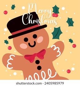 Christmas cute card with cute gingerbread cookie character Vector illustration