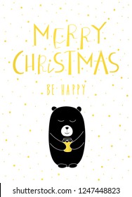 Christmas cute card with gold hand lettering Merry Christmas and hand drawn black bear with jar of honey isolated from white background. Vector illustration.