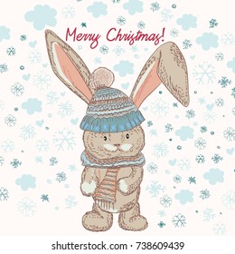 Christmas cute card with pretty hare or rabbit and snowflakes. Rustic illustration