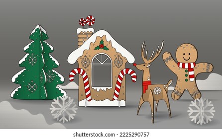 Christmas cute cardboard scene - Reindeer, Gingerbread, Snowflake and Tree