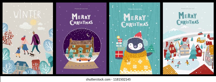  Tarjetas o afiches adorables de Navidad, felicitaciones por un nuevo año o Navidad, ilustración vectorial de objetos y elementos de invierno