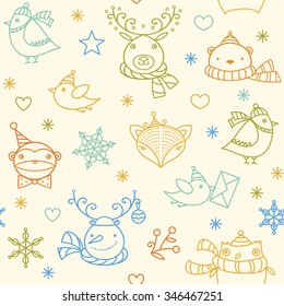 Christmas cute cartoon animals - birds, fox, bear, owl, snowman, snowflakes, stars on pale background. Vector colorful doodle linear seamless pattern. Seasonal winter icons set and logos collection.