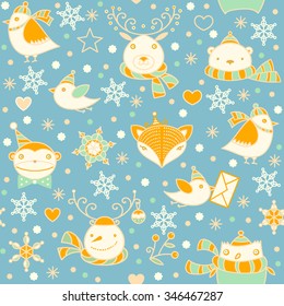 Christmas cute cartoon animals - birds, fox, bear, circus monkey, snowman, snowflakes, stars on dark blue background. Vector colorful doodle linear seamless pattern. Seasonal winter symbols set.