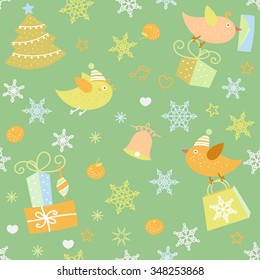 Christmas cute cartoon birds, gifts, snowflakes, stars on pale background. Vector colorful doodle hand drawn seamless pattern. Seasonal winter icons set and logos collection.
