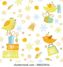 Christmas cute cartoon birds, gifts, snowflakes, stars on pale background. Vector colorful doodle hand drawn seamless pattern. Seasonal winter icons set and logos collection.
