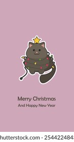 Christmas Cute Cartoon Cat In Christmas Lights And Star Funny Costume Card Mobile Wallpaper Stories For Social Media Vector Design