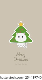 Christmas Cute Cartoon Cat In Christmas Tree Funny Costume Card Mobile Wallpaper Stories For Social Media Vector Design