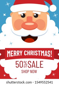 Christmas cute cartoon character. Vector christmas card with Santa and sale promotion
