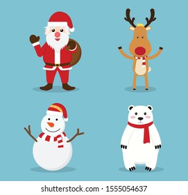 Christmas cute cartoon characters icon set - Vector illustration