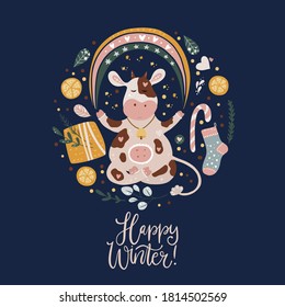 Christmas cute cartoon circle cow vector illustration with hand drawn lettering quote. Animal card perfect for kid apparel print and greeting poster. New Year 2021. Happy winter.
