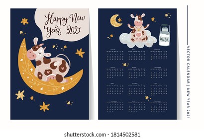 Christmas cute cartoon cow vector 2021 calendar template illustration with hand drawn animals and decorations. New Year 2021 ornate greeting gift poster for a3, a4, a5 sizes.