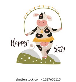 Christmas cute cartoon cow. Vector poster with hand drawn lettering - Happy 2021. Animal greeting card and apparel print on white. New Year poster.