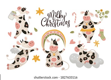 Christmas cute cartoon cow vector clip art set. Cheerful animal collection with winter decorations rainbow and stars. New Year 2021.