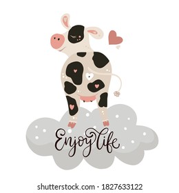Christmas cute cartoon cow. Vector poster with hand drawn lettering - Enjoy life. Dreaming Meditating animal greeting card and apparel print on white. New Year 2021.