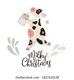 Christmas cute cartoon cow. Vector poster with hand drawn lettering - Milky Christmas. Animal comic card with milk, greeting card and apparel print on white. New Year 2021.
