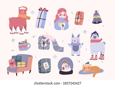 Christmas cute cartoon elements decor set sticker design