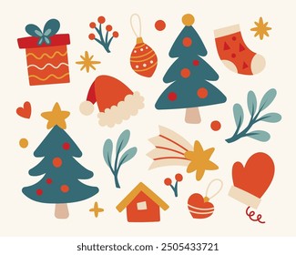 Christmas cute cartoon elements. Set of xmas vector illustrations with tree, gift box, decorations, snowman.