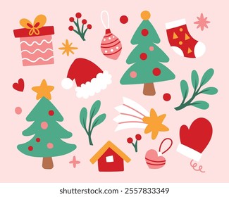 Christmas cute cartoon elements. Set of xmas vector illustrations with tree, gift box, decorations.